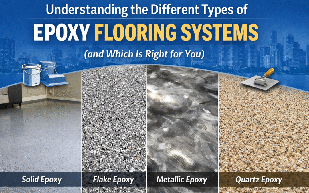 Understanding the different types of epoxy flooring systems including solid epoxy, flake epoxy, metallic epoxy, and quartz broadcast flooring for Toronto homes and commercial spaces.